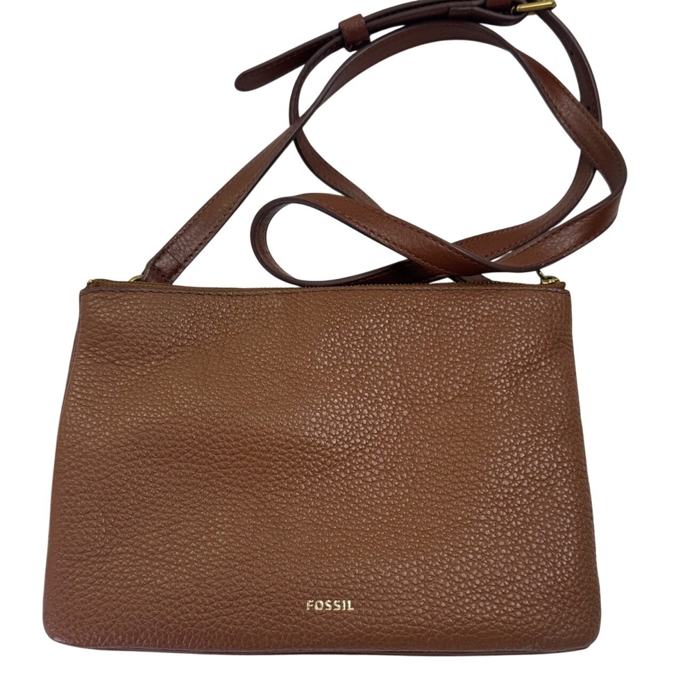 Fossil Brown Pebbled Leather Double Zip Crossbody Bag Gold Hardware Slim Purse